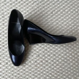 Pierre Hardy Womens Navy Blue Patent Leather Black Wedge Heel 38 Round Toe